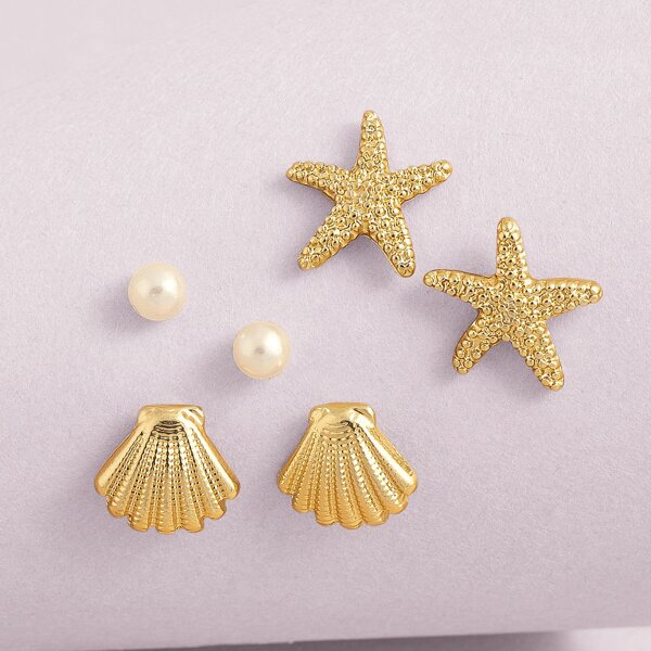 

3pairs Seashell And Starfish Stud Earrings, Gold
