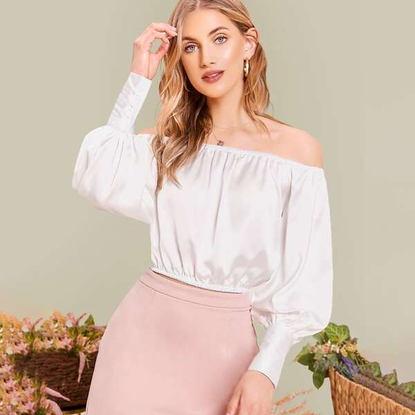 

Satin Off Shoulder Long Sleeve Blouse, White