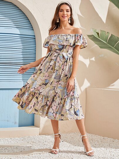 Floral Print Foldover Belted Bardot Dress