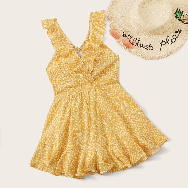 

Ruffle Trim Tie Back Ditsy Floral Romper, Yellow