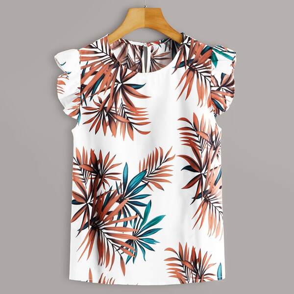 

Tropical Print Ruffle Sleeve Blouse, White