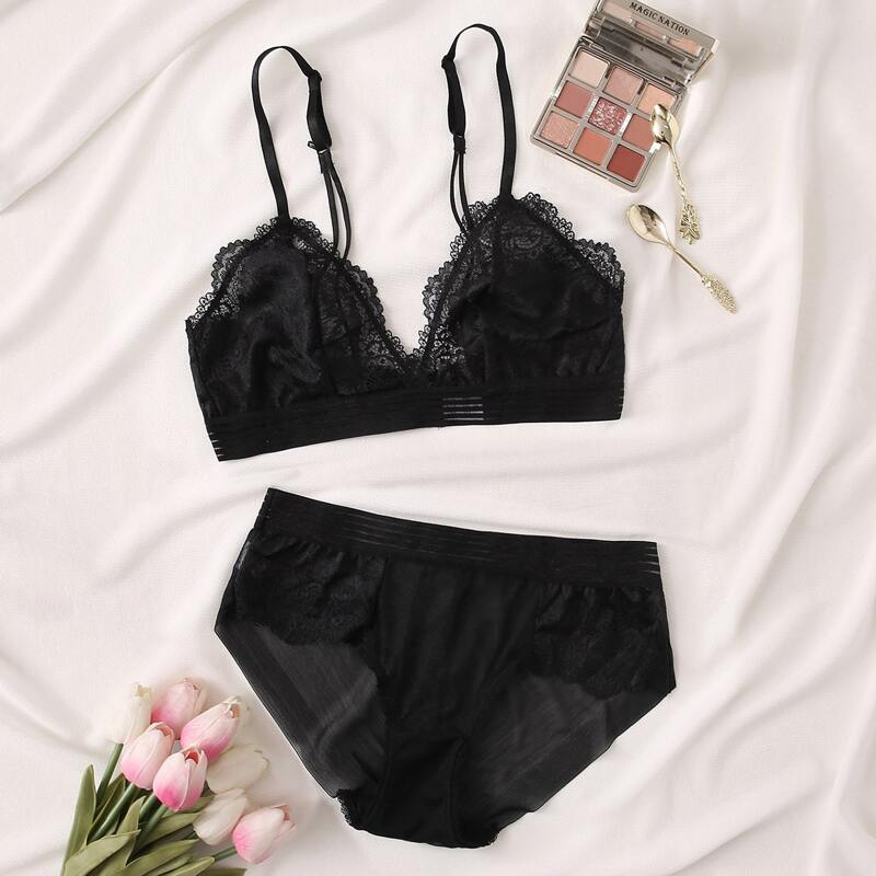 

Striped Mesh Floral Lace Lingerie Set, Black