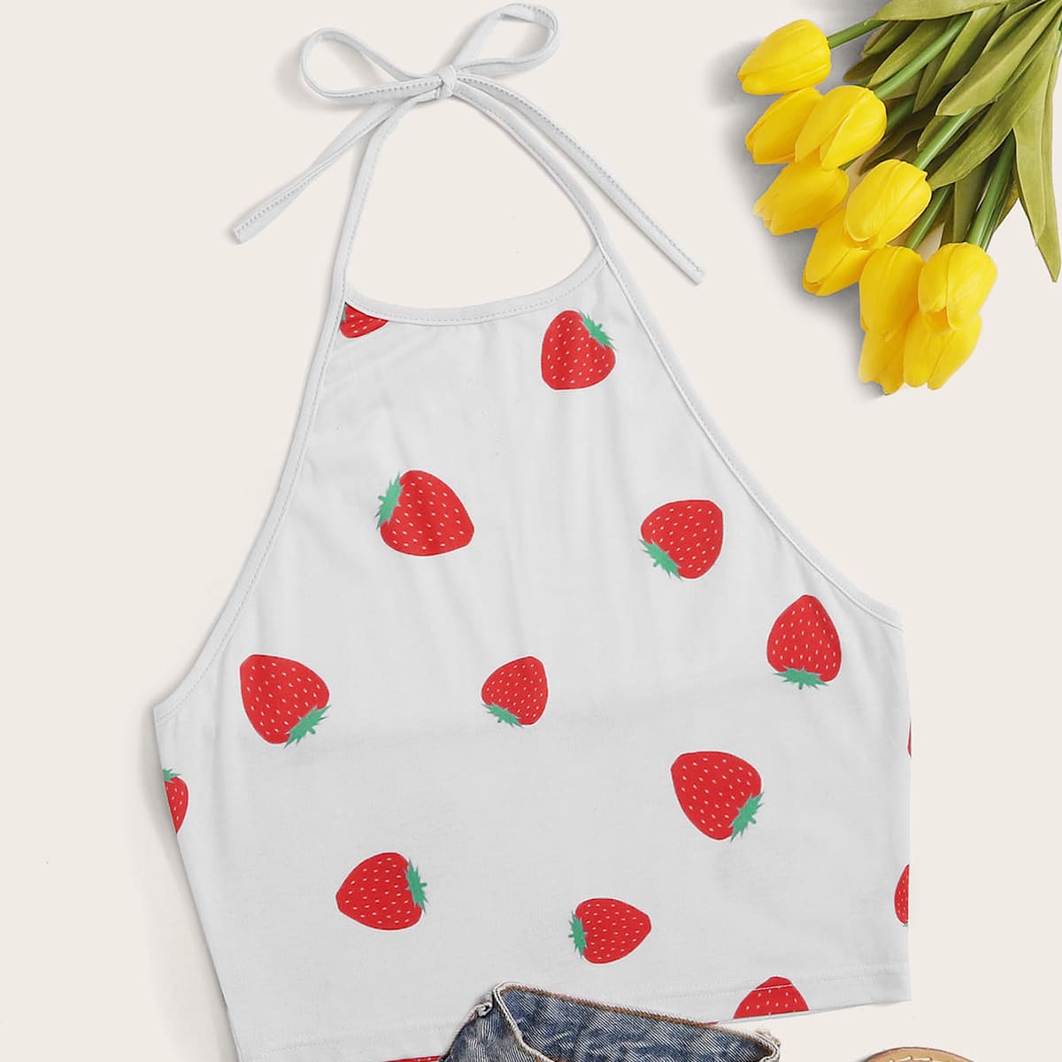 

Strawberry Print Crop Halter Top, White