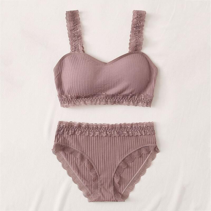 

Lace Trim Ribbed Lingerie Set, Pink