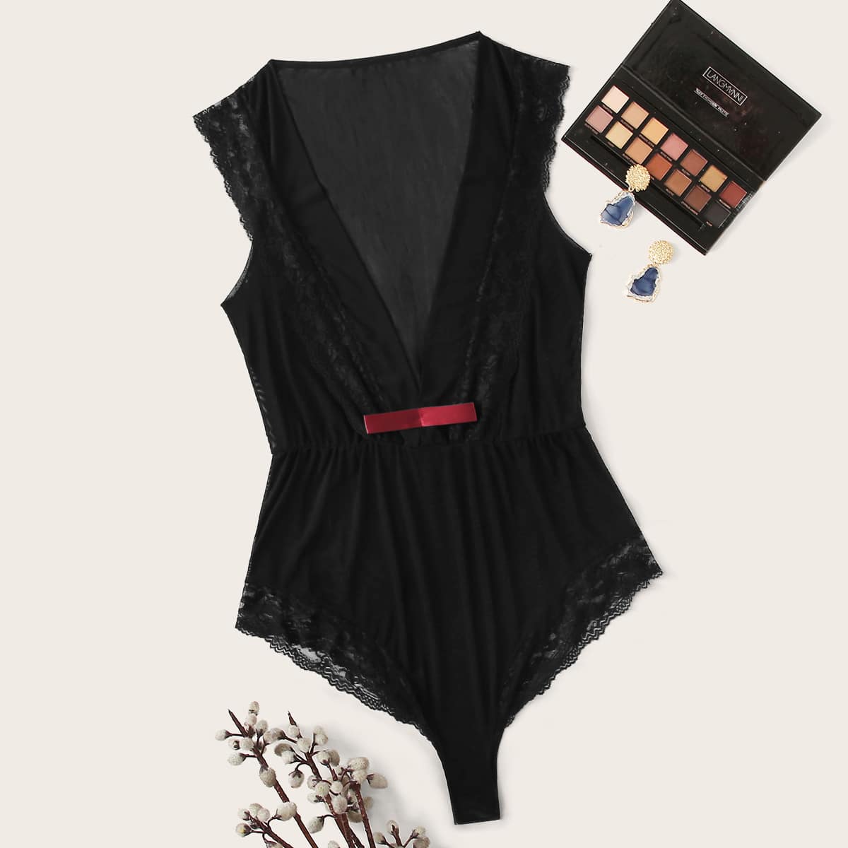 

Lace Trim Plunging Teddy Bodysuit, Black