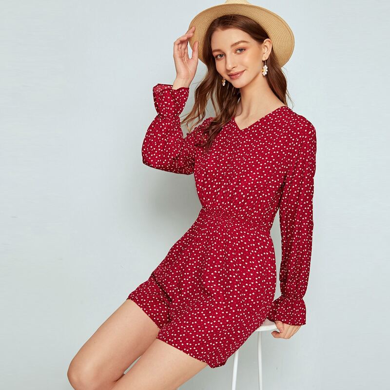 

Confetti Heart Print Flounce Sleeve V-neck Romper, Red