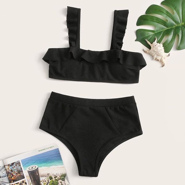 

Rib Ruffle High Waisted Bikini, Black