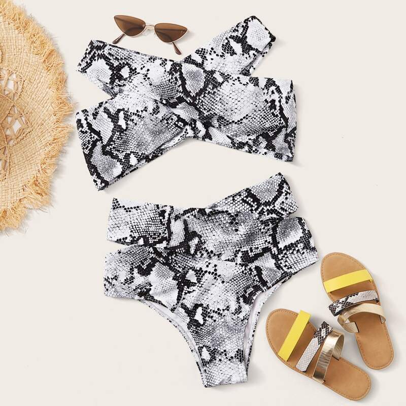 

Snakeskin Criss Cross Bikini Swimsuit, Grey