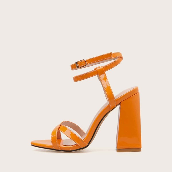 

Patent Cross Strap Ankle Strap Chunky Heels, Orange