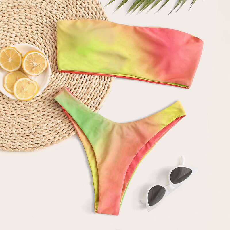 

Ombre Bandeau High Cut Bikini Swimsuit, Multicolor ombre