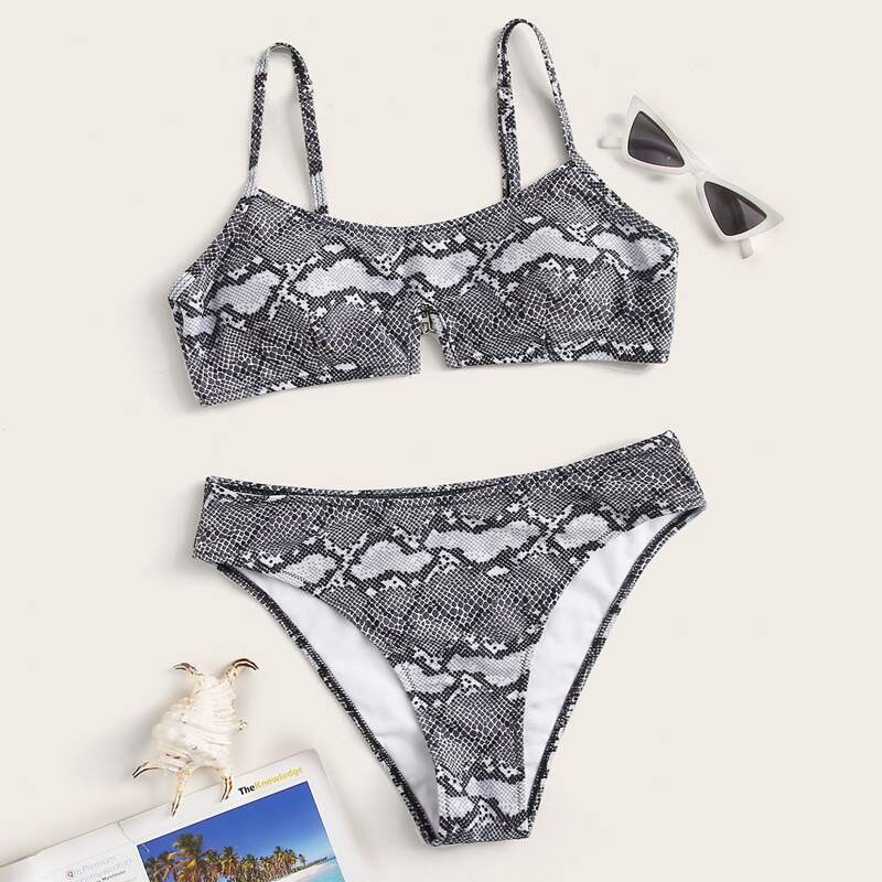 

Snakeskin Print Bikini Swimsuit, Grey