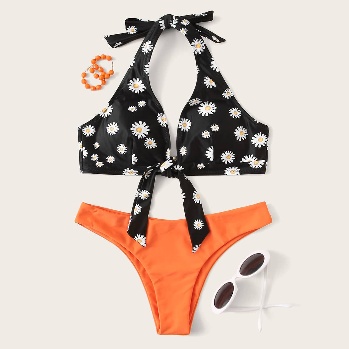 

Daisy Floral Knot Front Halter Bikini Swimsuit, Multicolor