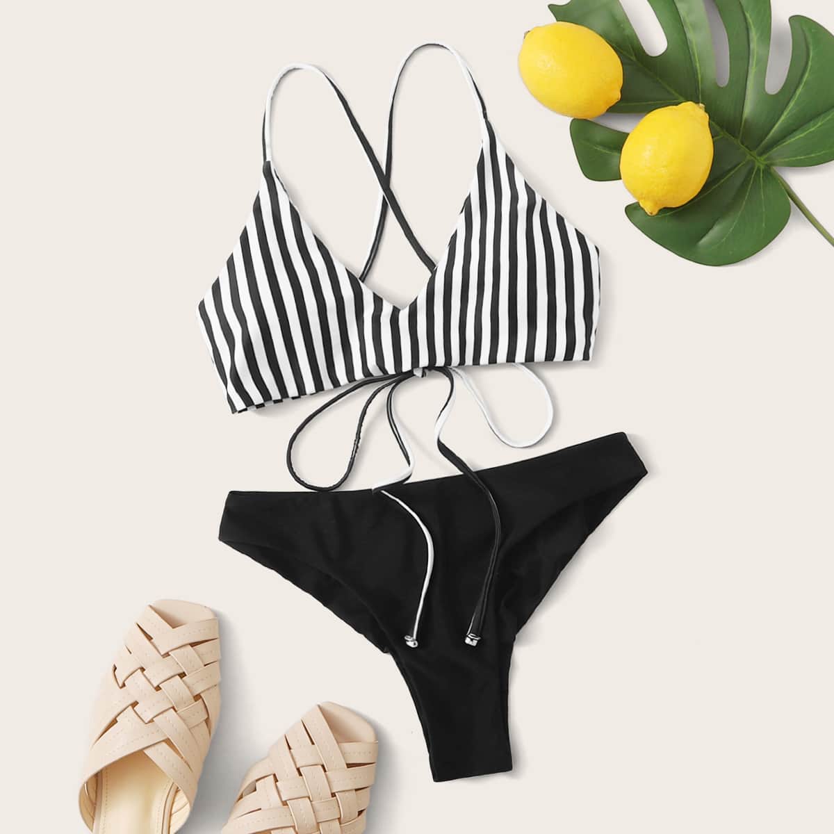 

Striped Criss Cross Tie Back Bikini Swimsuit, Black and white
