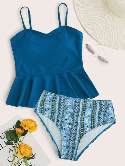 Tribal Ruffle Hem High Waisted Bikini Swimsuit