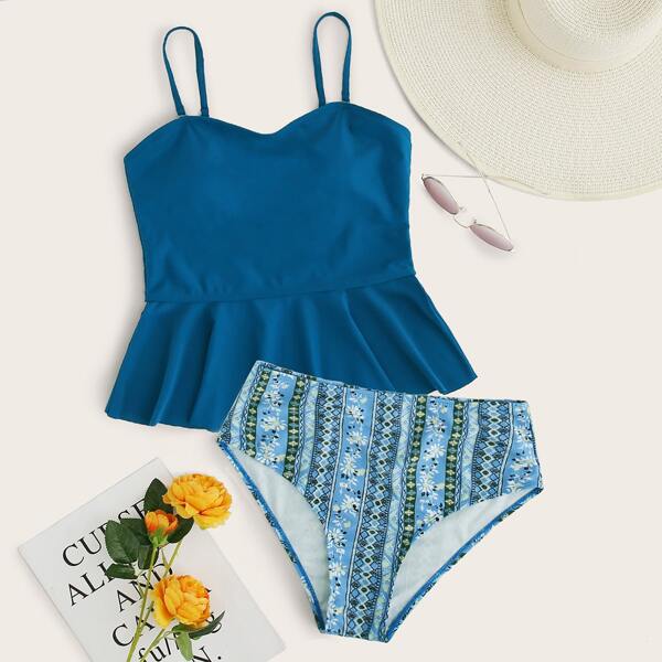 

Tribal Ruffle Hem High Waisted Bikini Swimsuit, Multicolor