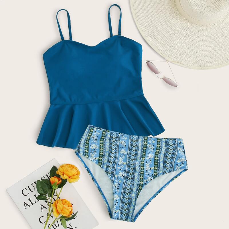 

Tribal Ruffle Hem High Waisted Bikini Swimsuit, Multicolor