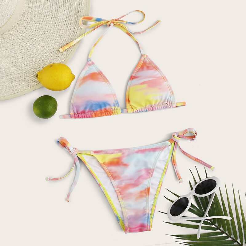 

Tie Dye Halter Triangle Tie Side Bikini Swimsuit, Multicolor
