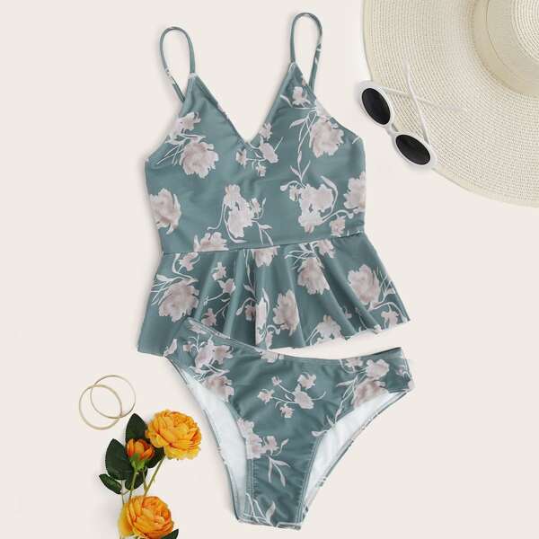 

Floral Print Ruffle Hem Bikini Swimsuit, Green
