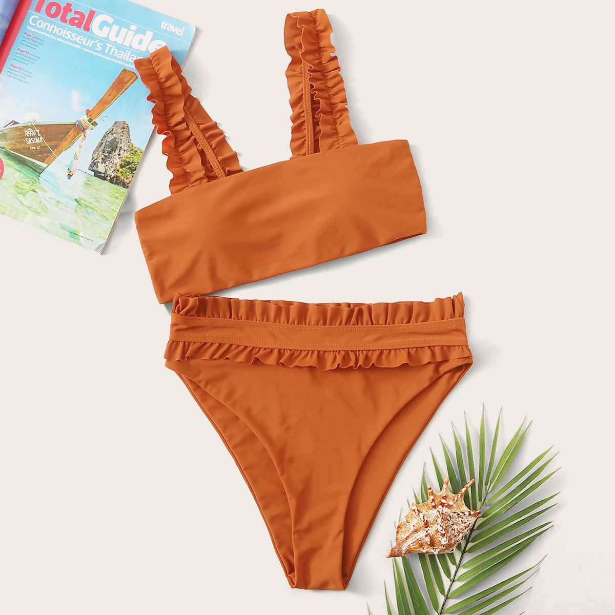

Frill Trim High Waisted Bikini Swimsuit, Orange