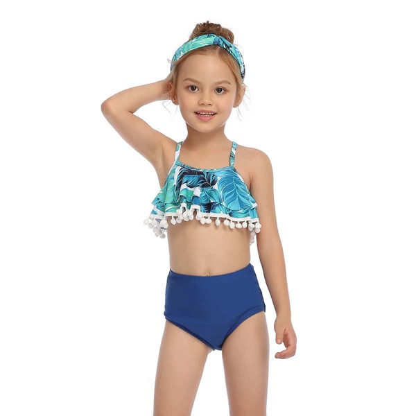 

Girls Tropical Pompom Hem High Waisted Bikini, Multicolor