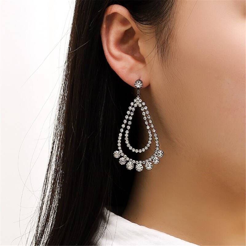 

1pair Rhinestone Engraved Water Drop Earrings, Silver
