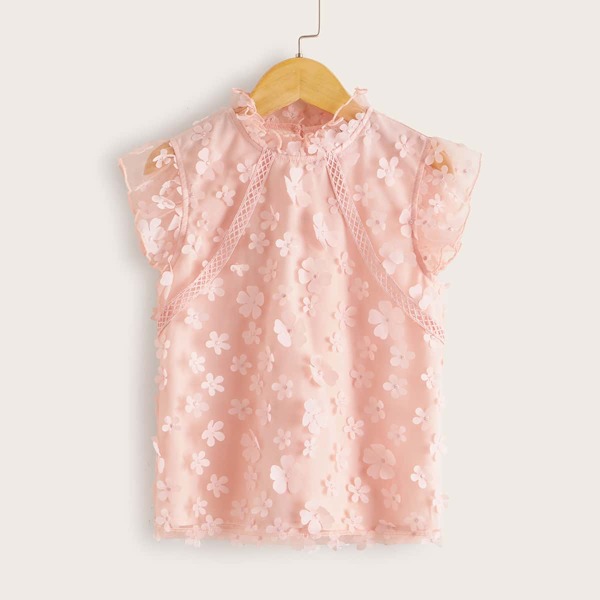 

Girls Ruffle Trim Lace Insert Appliques Mesh Top, Pink