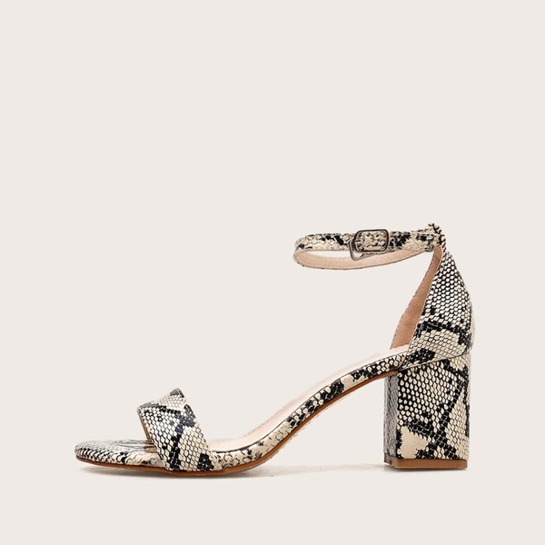 

Open Toe Snakeskin Ankle Strap Chunky Heels, Multicolor