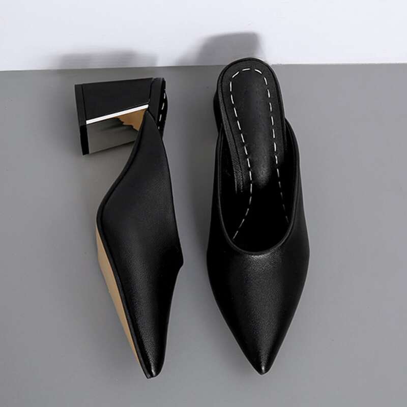 

Point Toe Chunky Heeled Mules, Black