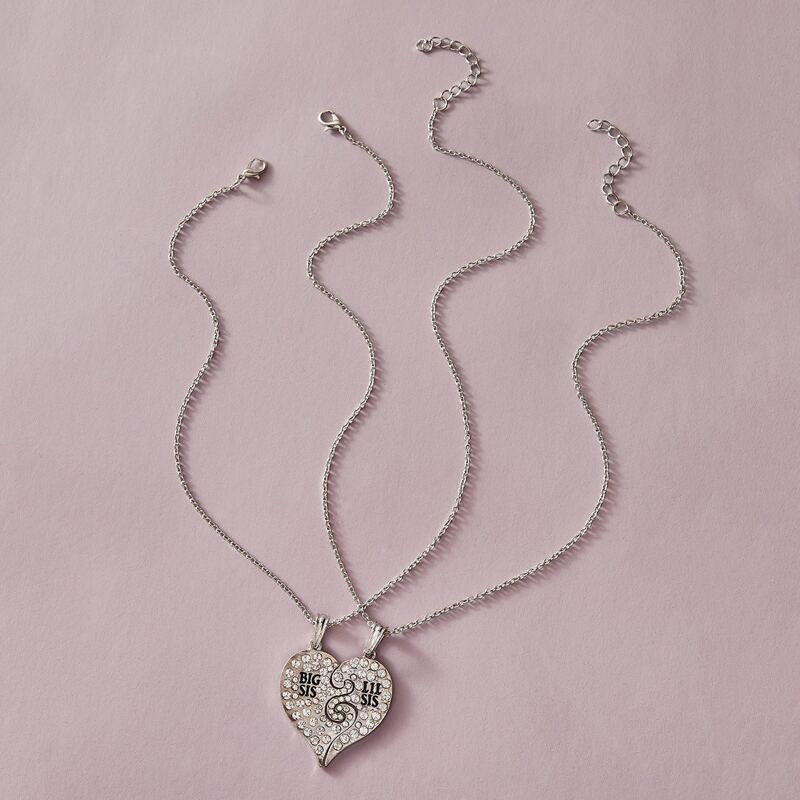 

2pcs Rhinestone Engraved Half Charm Necklace, Silver
