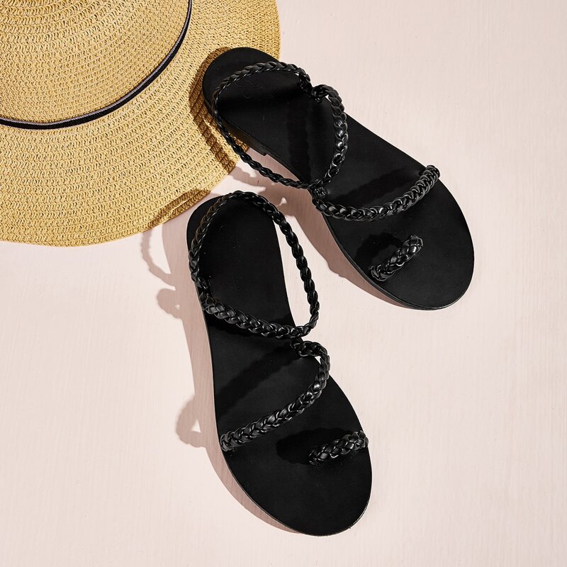 

Toe Ring Braided Strap Flat Sandals, Black