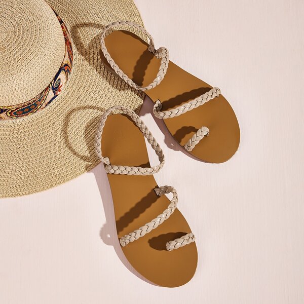 

Toe Ring Braided Strap Flat Sandals, Nude