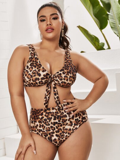 Plus Leopard Tie Front Bikini Swimsuit