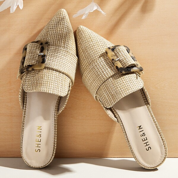 

Tortoiseshell Buckle Decor Flat Mules, Khaki