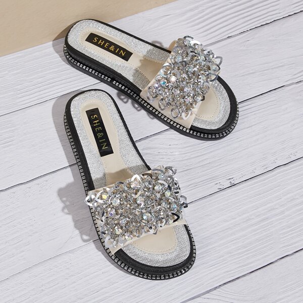 

Rhinestone Decor Flat Sliders, Silver