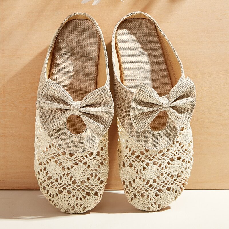 

Bow Decor Hollow Out Flat Mules, Khaki