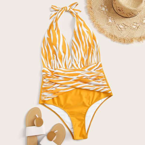 

Plus Zebra Striped Halter One Piece Swimsuit, Yellow