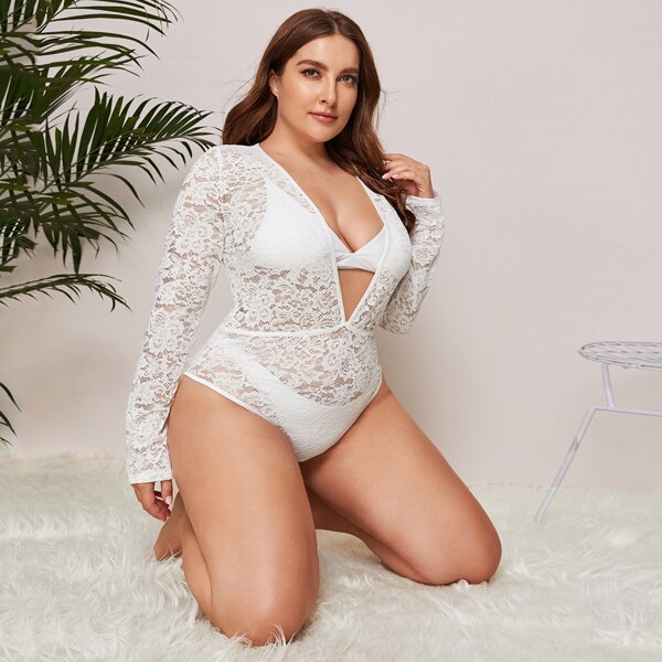 

Plus Floral Lace Plunging Teddy Bodysuit, White