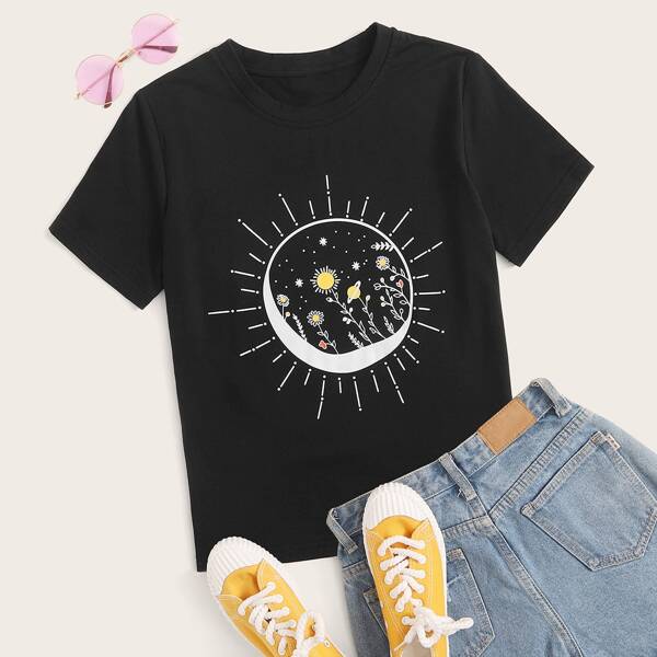 

Floral & Geo Print Short Sleeve Tee, Black
