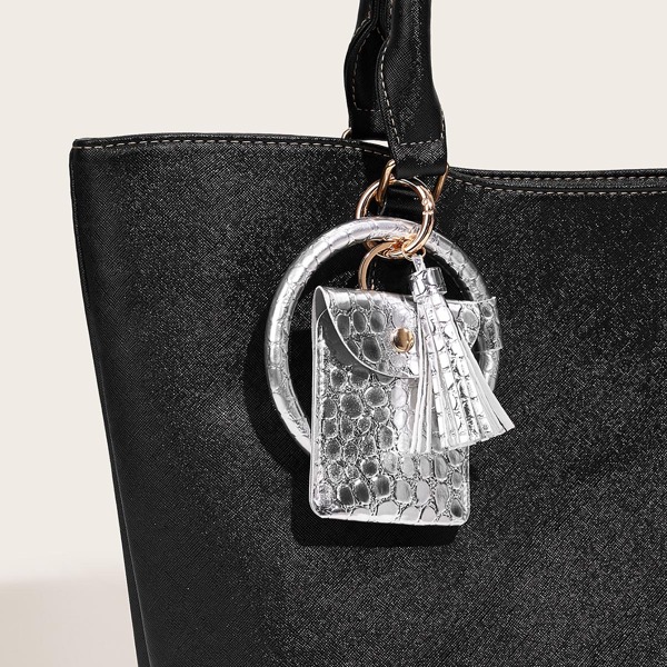 

Metallic Croc Embossed Bag Accessory, Silver