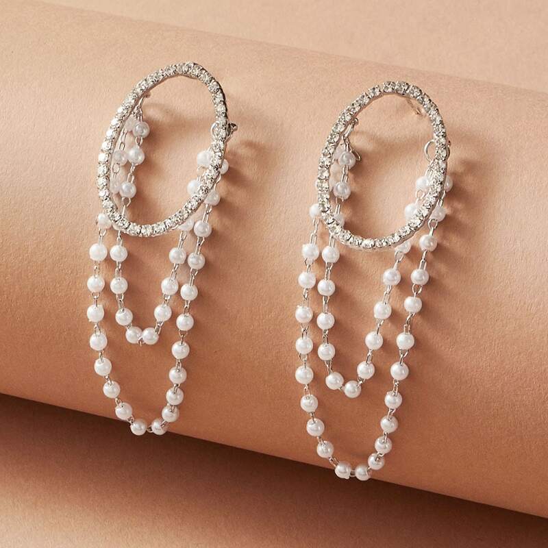 

1pair Faux Pearl Tassel & Rhinestone Engraved Drop Earrings, White