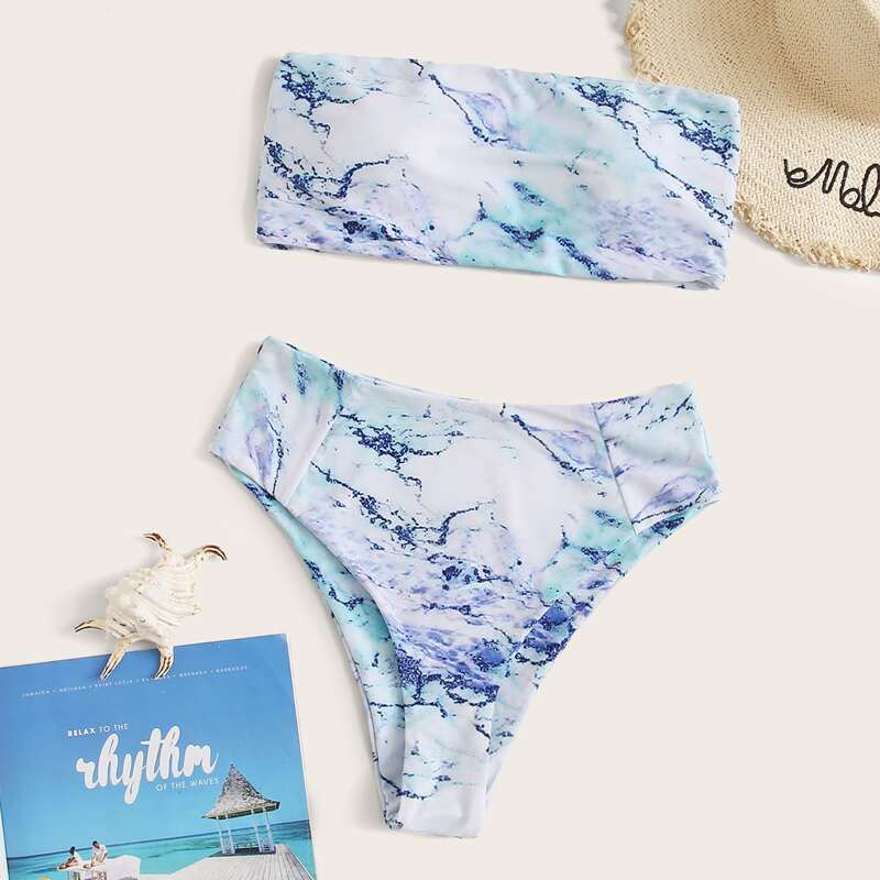 

Tie Dye Bandeau High Waisted Bikini Swimsuit, Multicolor