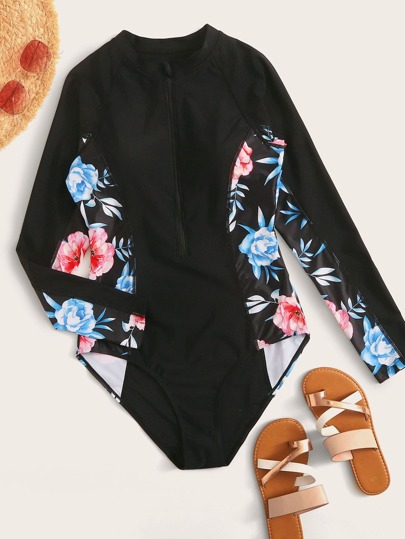 Floral Long Sleeve Zip Front One Piece Swimsuit