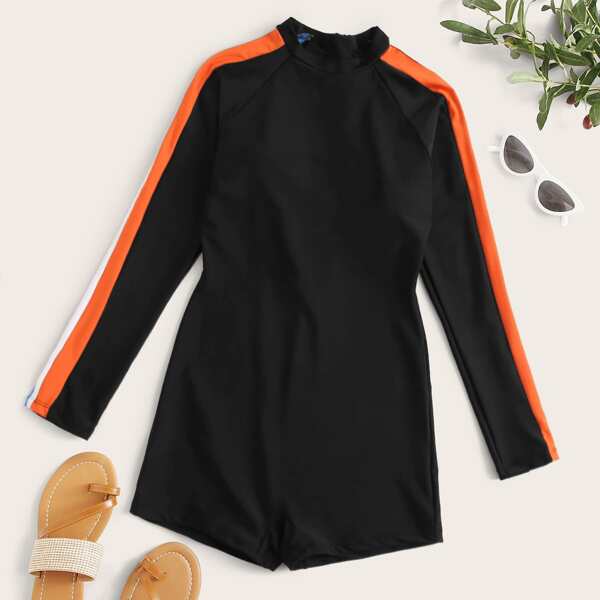 

Long Sleeve Zip Back One Piece Swimsuit, Black