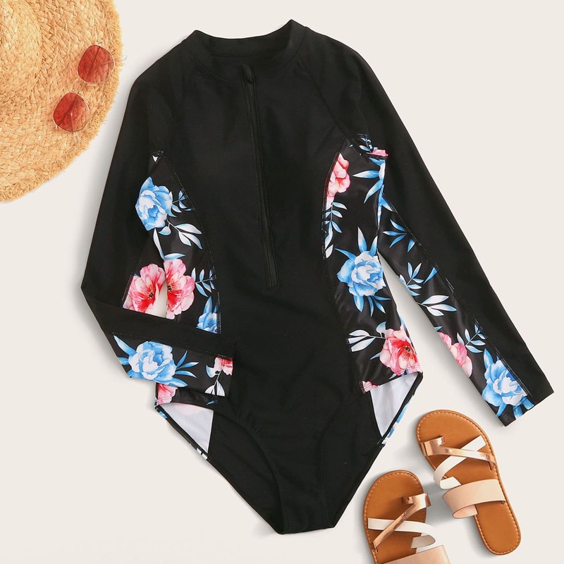 

Floral Zip Front Surfing Swimsuit, Black