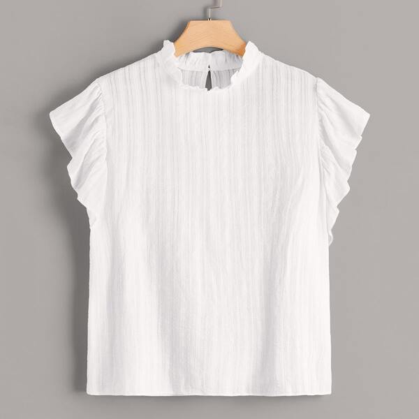 

Plus Frill Neck Solid Blouse, White