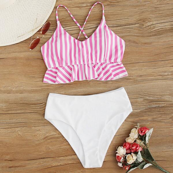 

Striped Ruffle Lace Up Back Bikini Swimsuit, Multicolor