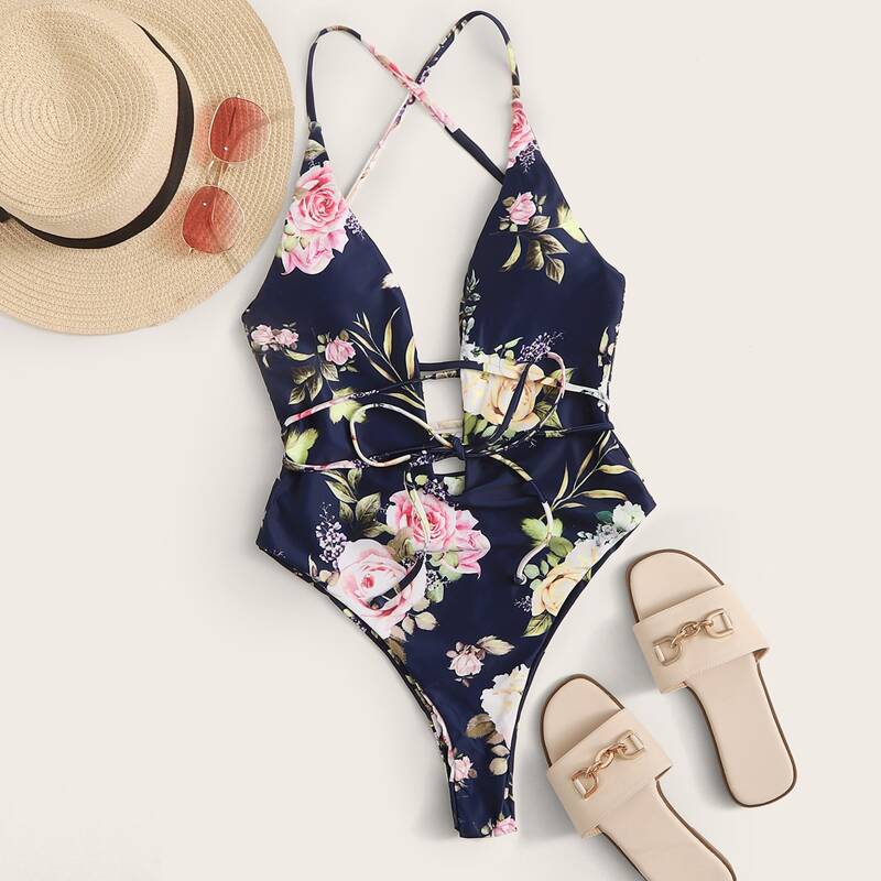 

Floral Plunging One Piece Swimsuit, Multicolor