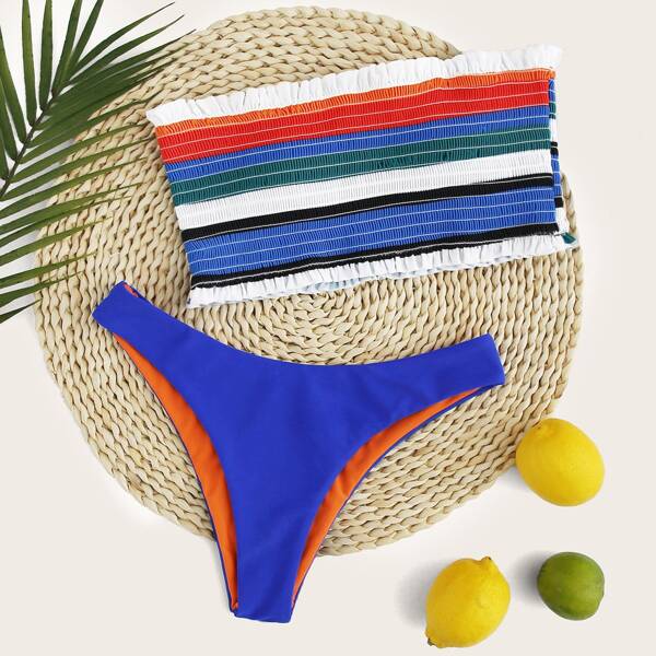

Striped Smocked Bandeau Bikini Swimsuit, Multicolor