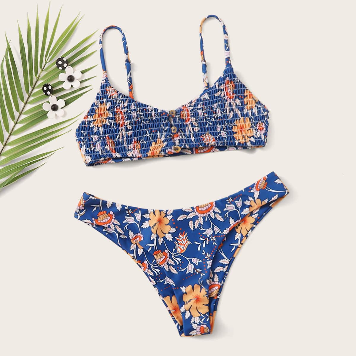 

Floral Print Smocked Bikini Swimsuit, Multicolor