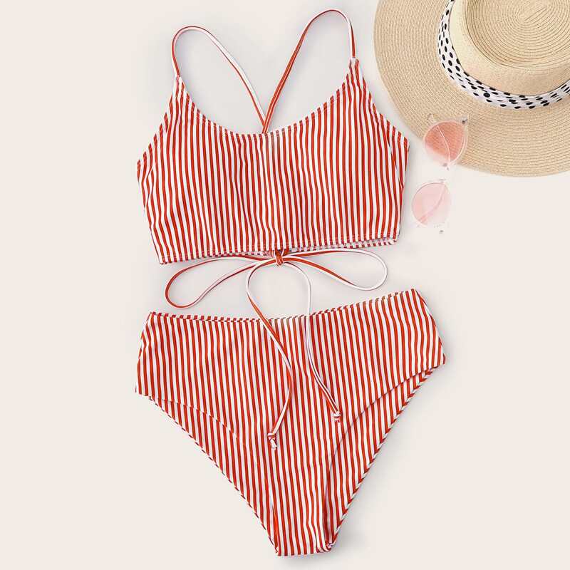 

Striped Lace-up Back Bikini Swimsuit, Red